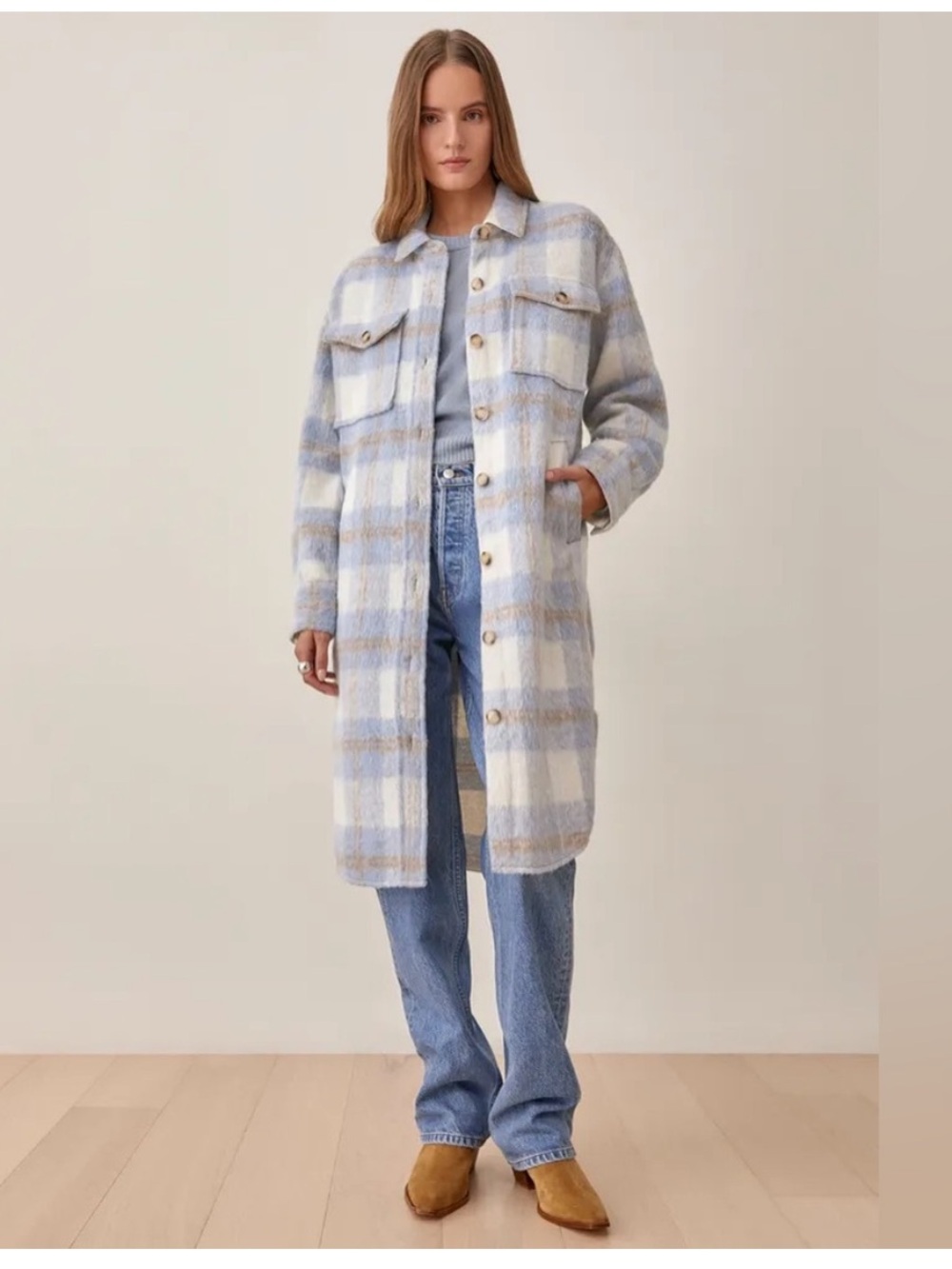Reformation Ainslie Blue & Cream Plaid Long Shacket